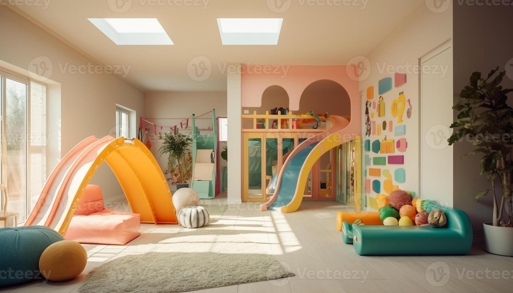 espiègle enfant jouit vibrant salle de jeux avec coloré jouets et décor généré par ai photo