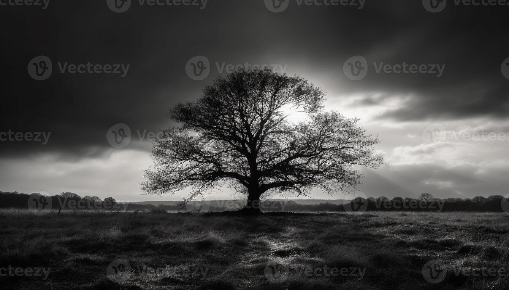 silhouette de un vieux arbre dans une sinistre, solitaire Prairie généré par ai photo