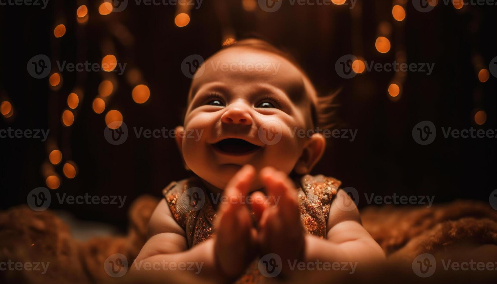 mignonne caucasien bambin souriant, illuminé par Noël lumières à l'intérieur à nuit généré par ai photo