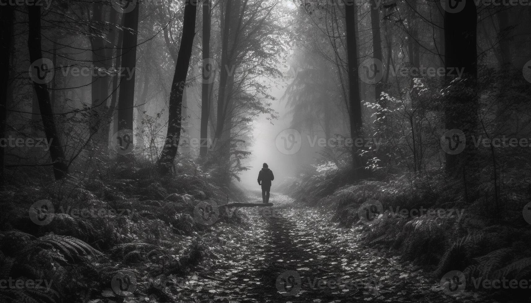 un la personne randonnée dans brumeux forêt, une mystérieux aventure généré par ai photo