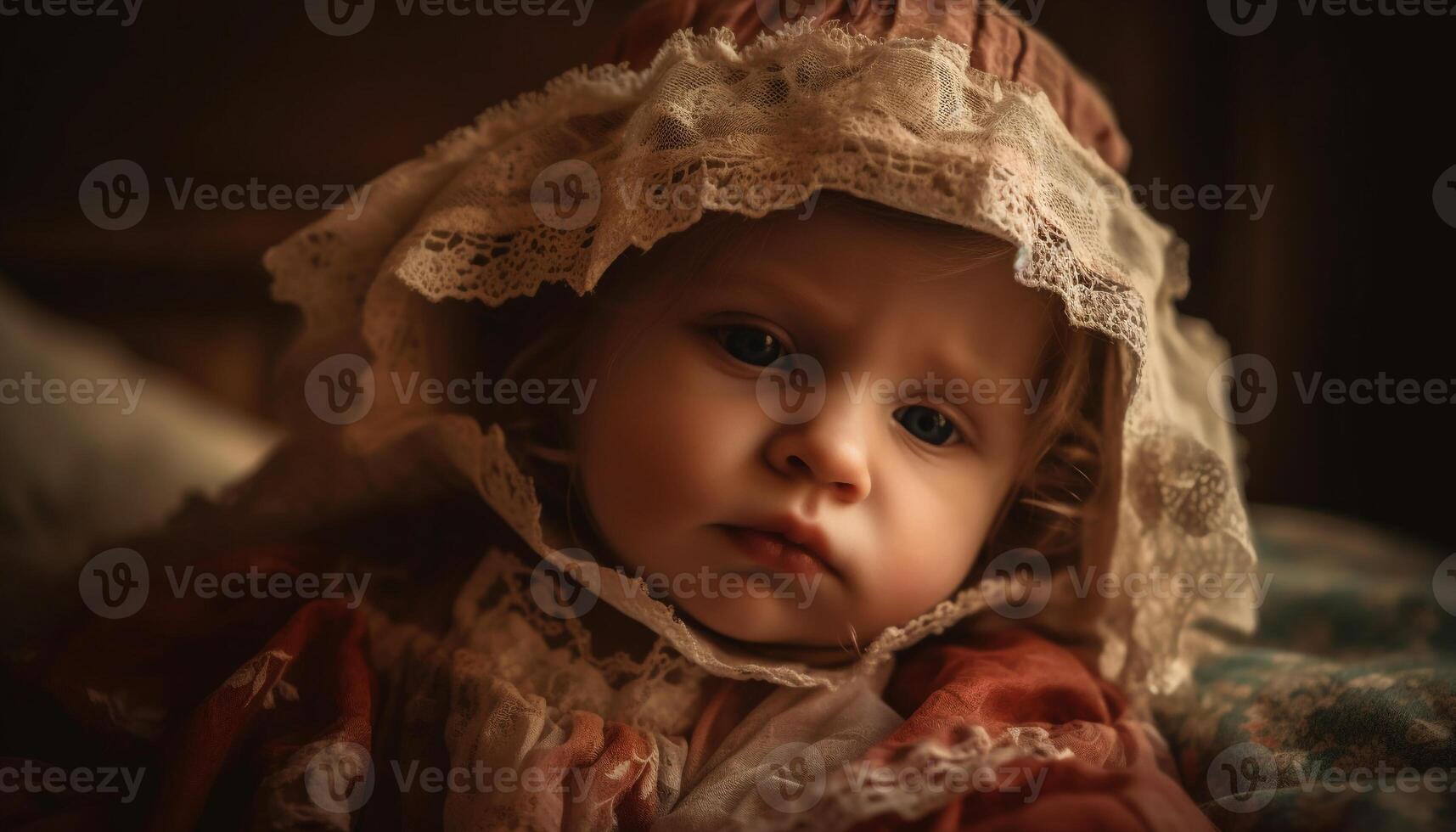 mignonne bébé garçon souriant, enveloppé dans traditionnel costume, à l'intérieur portrait généré par ai photo