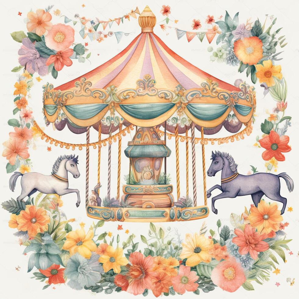 carrousel cheval et aquarelle fleurs. carrousel cheval aquarelle art avec fleurs. magnifique cirque carrousel et coloré fleurs. abstrait carrousel cheval balade illustration. ai généré. photo