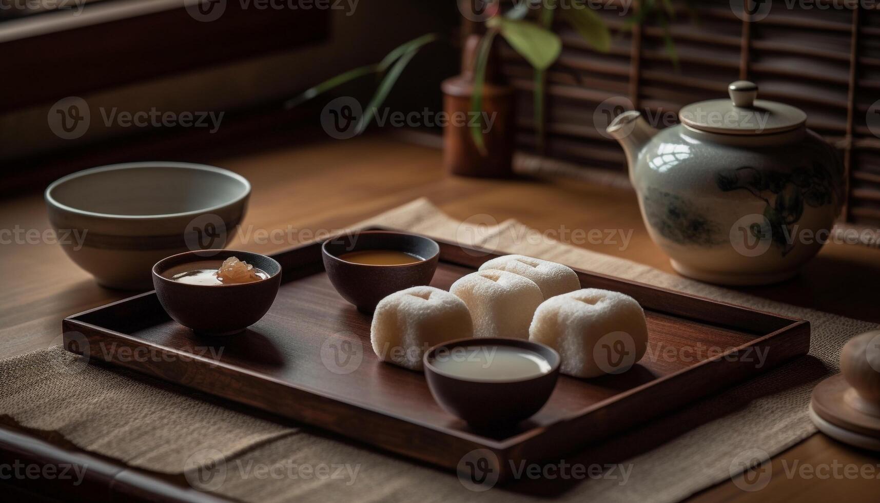 chinois Dumplings à la vapeur dans argile théière, servi avec porc apéritif généré par ai photo