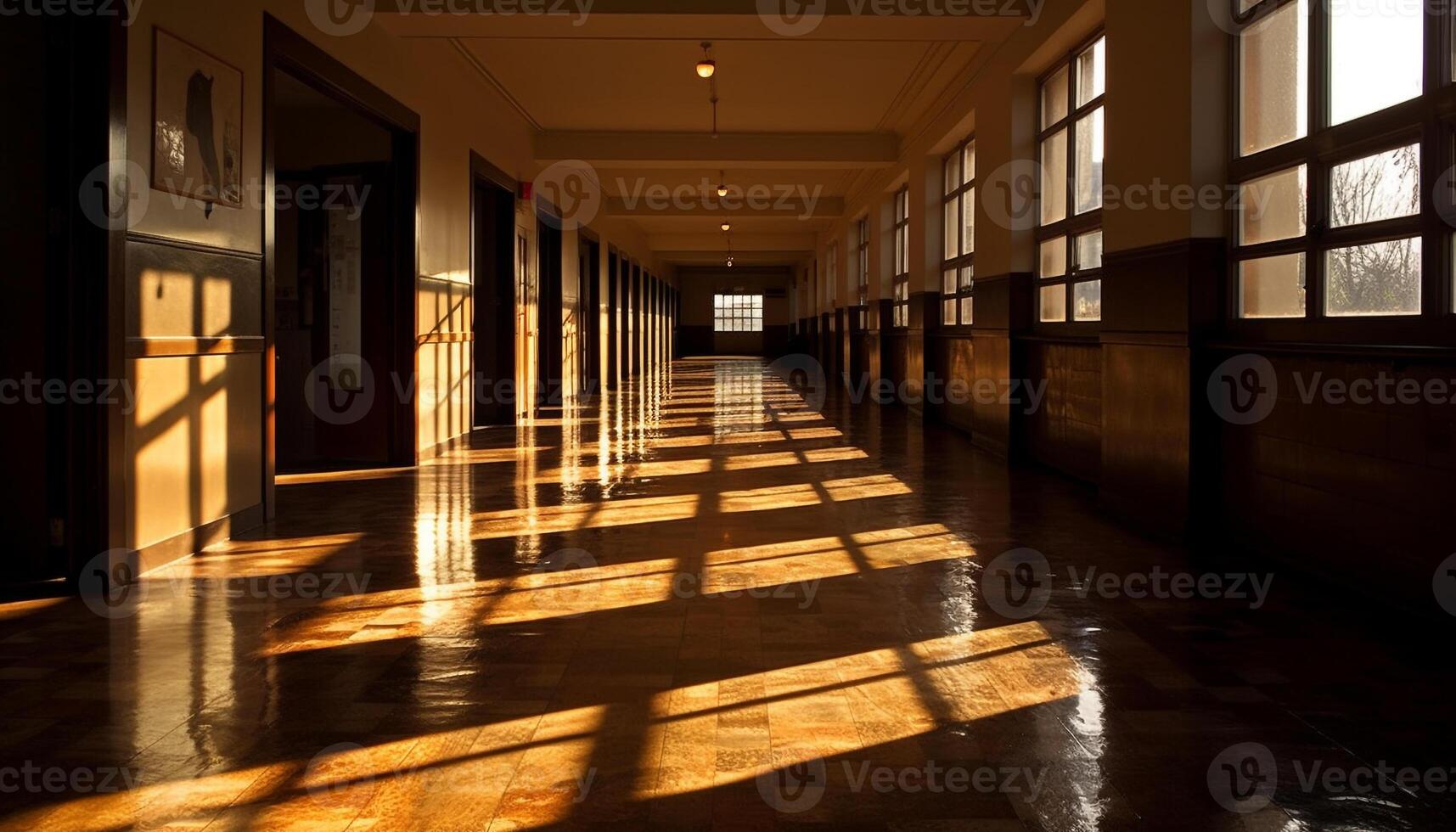 disparition point pistes à moderne couloir avec verre réflexion et ombre généré par ai photo