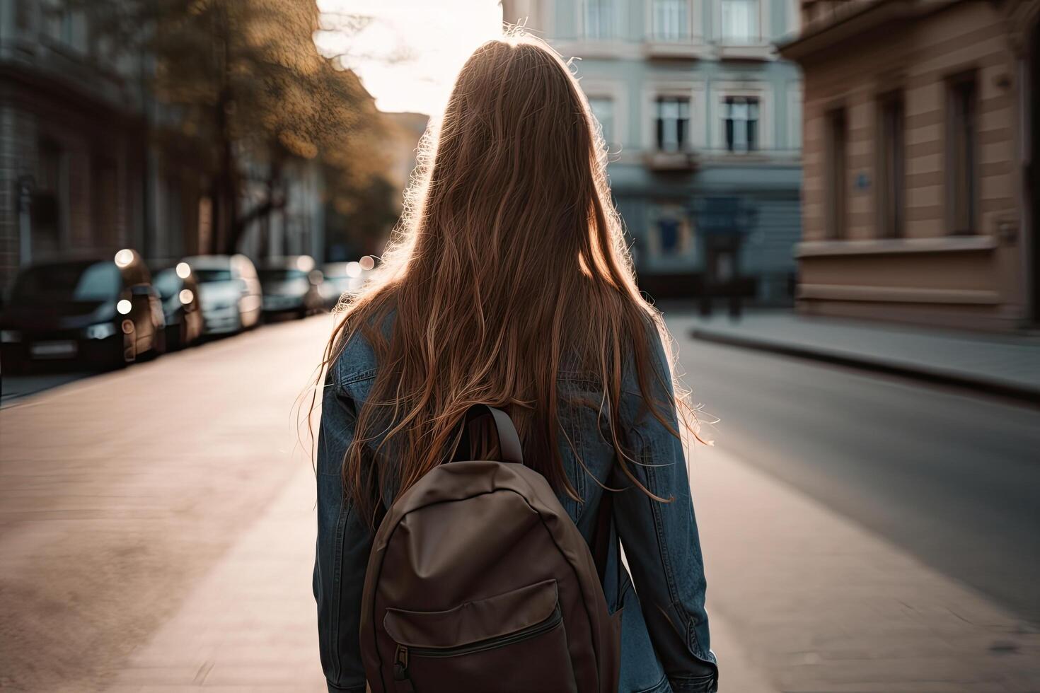 retour vue de Jeune femme avec sac à dos en marchant sur le rue à coucher de soleil, une adolescent fille étudiant avec longue écoulement cheveux et porter une sac à dos, ai généré photo