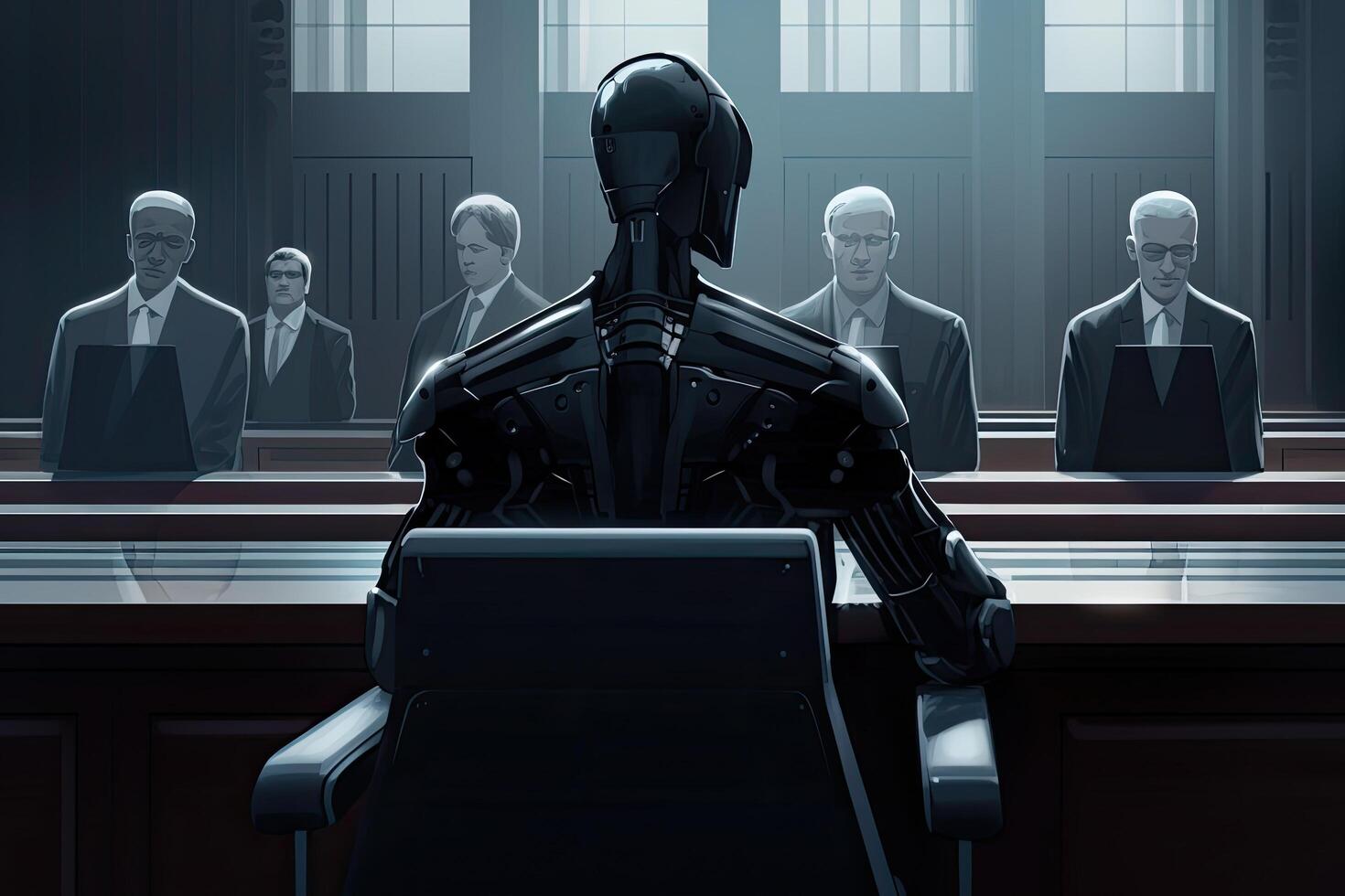 humanoïde des robots séance dans une salle d'audience ou loi mise en vigueur bureau. 3d le rendu, une futuriste ai robot juge dans une tribunal, ai généré photo