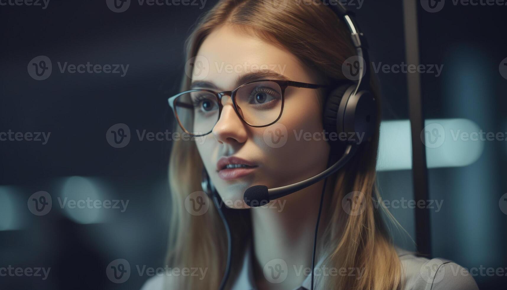 Jeune femme d'affaires en utilisant casque pour il soutien dans appel centre généré par ai photo