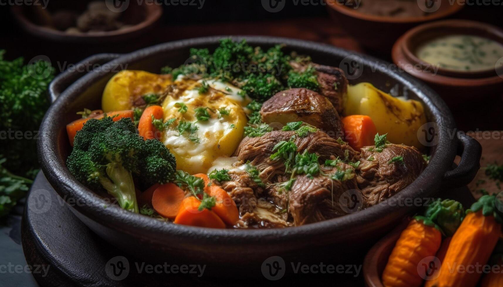 fraîchement grillé Viande et des légumes sur rustique en bois table assiette généré par ai photo