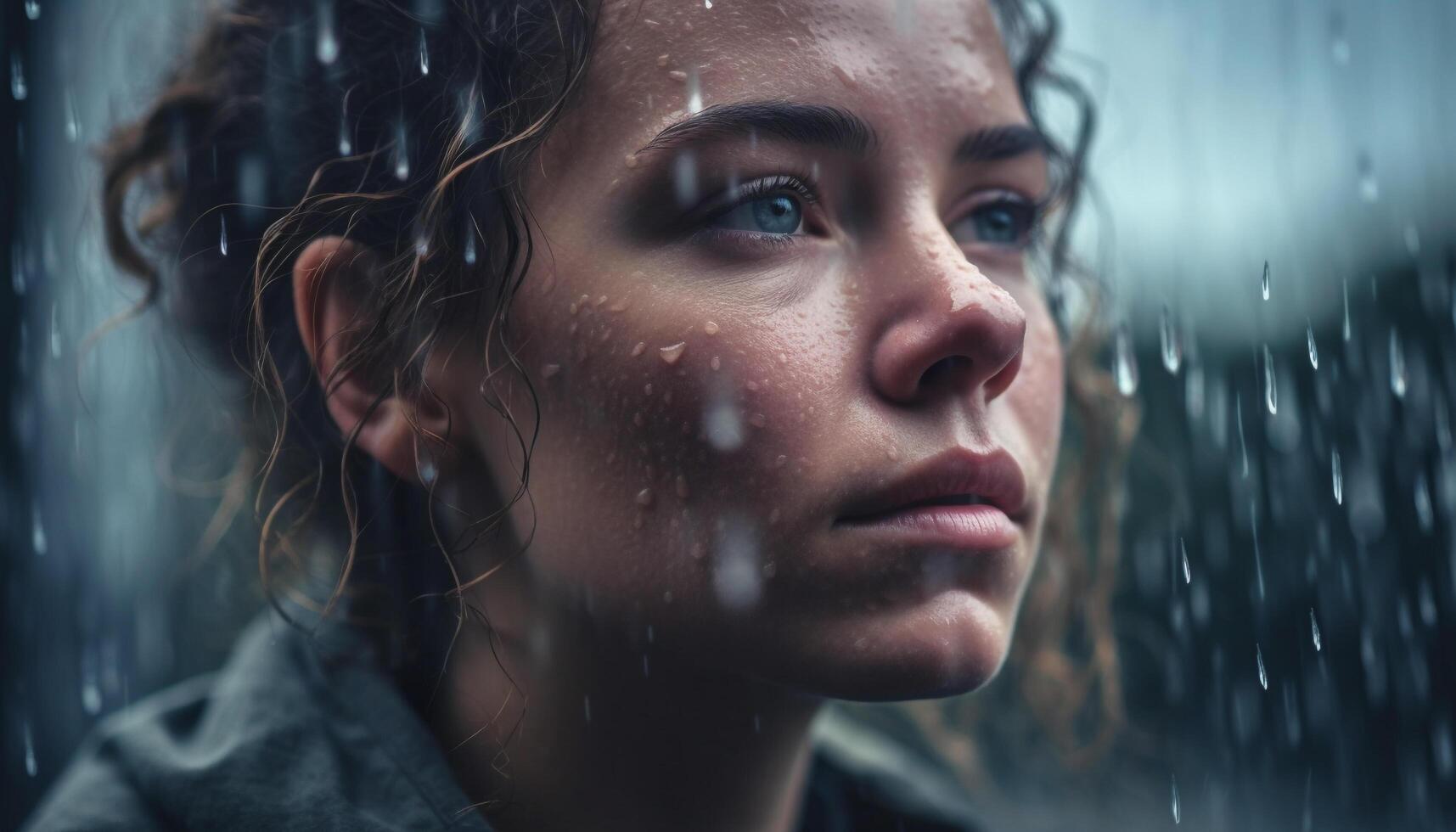 un triste Jeune femme à la recherche loin, goutte de pluie sur fenêtre généré par ai photo