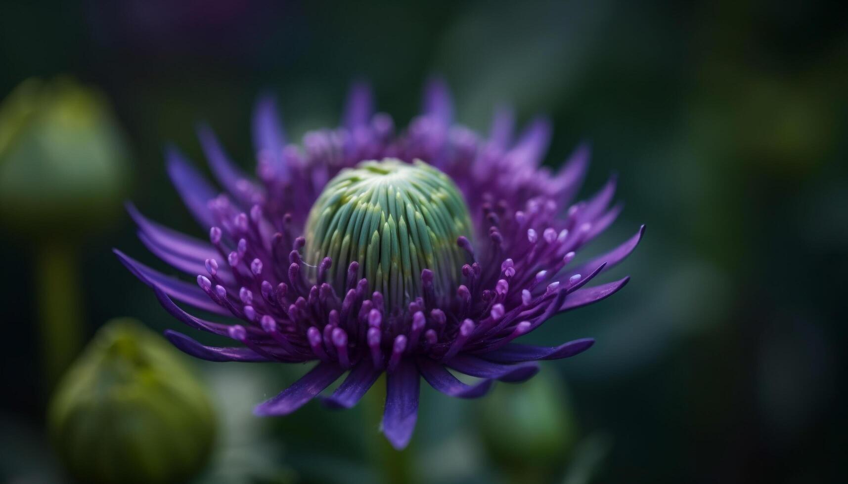 Célibataire violet fleur tête avec Jaune pollen attire abeille pollinisation généré par ai photo