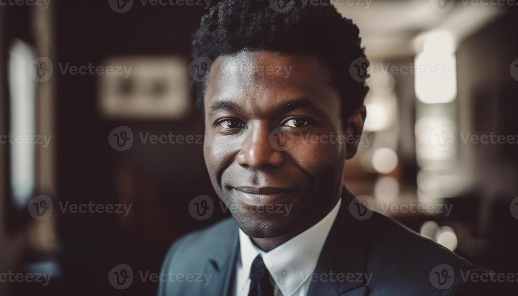 sur de soi africain américain homme d'affaire souriant dans moderne bureau, réussi entrepreneur généré par ai photo