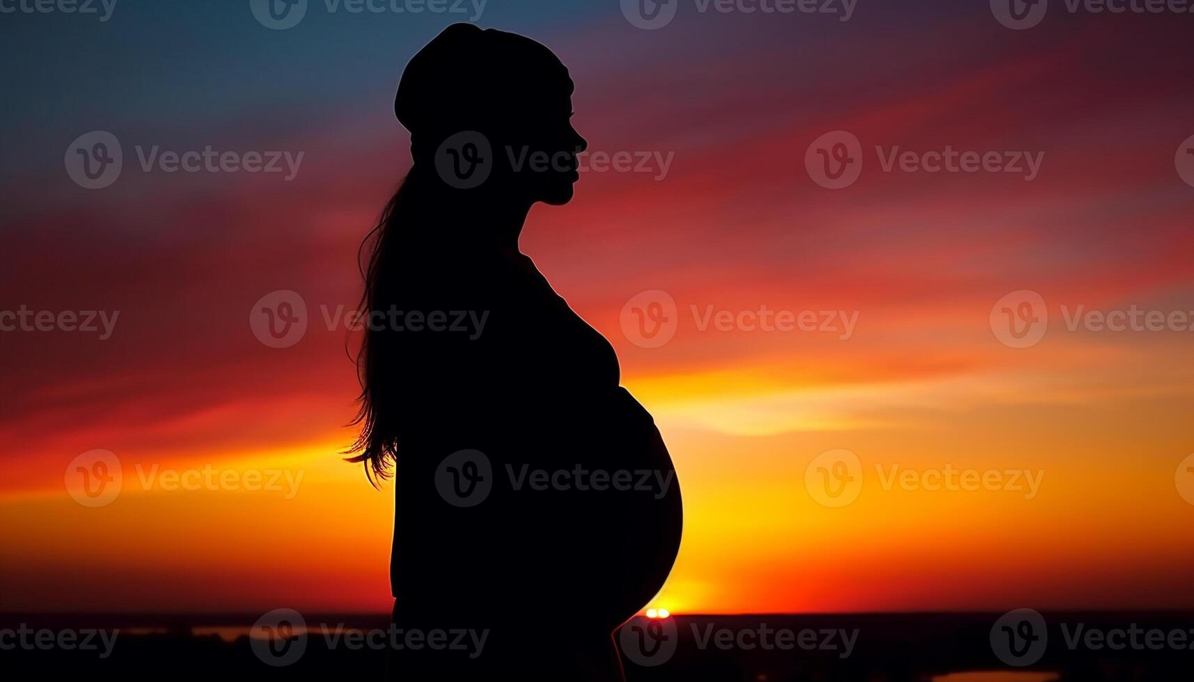 silhouette de une Enceinte femme embrassement le beauté dans la nature généré par ai photo