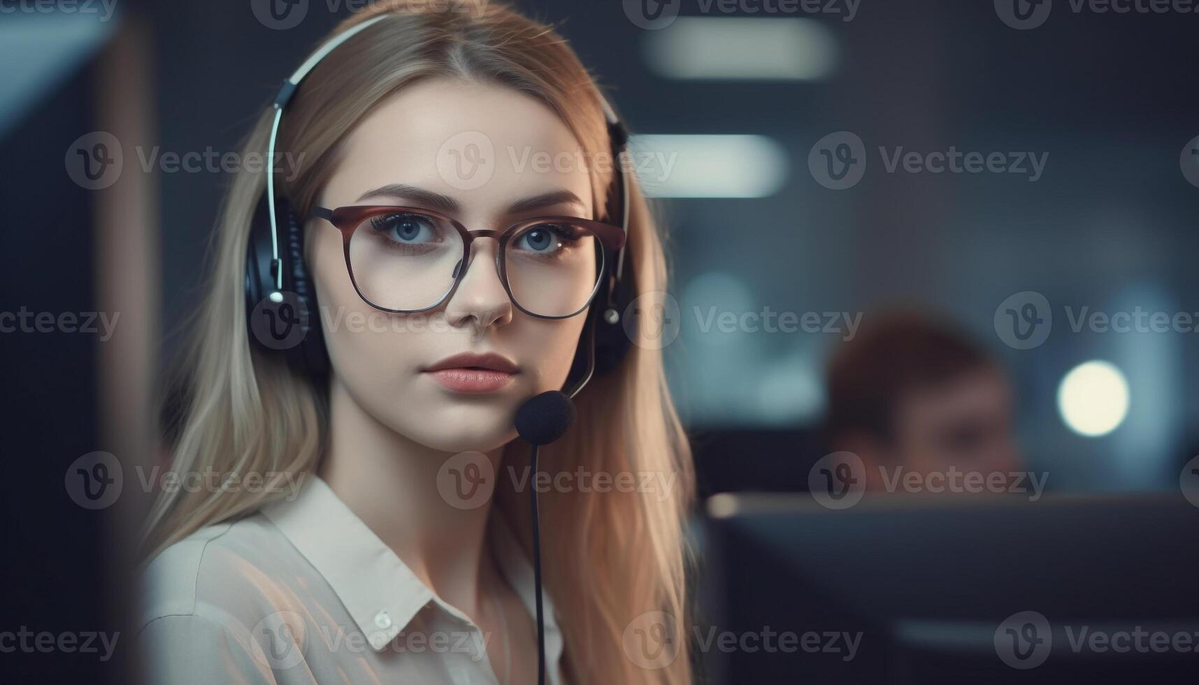 Jeune femme d'affaires en utilisant casque pour de bonne humeur client soutien dans Bureau généré par ai photo