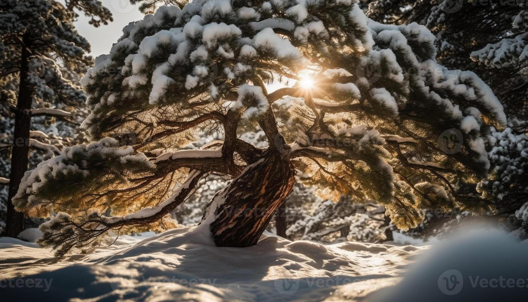 tranquille scène de hiver forêt, lumière du soleil sur glacial pin des arbres généré par ai photo