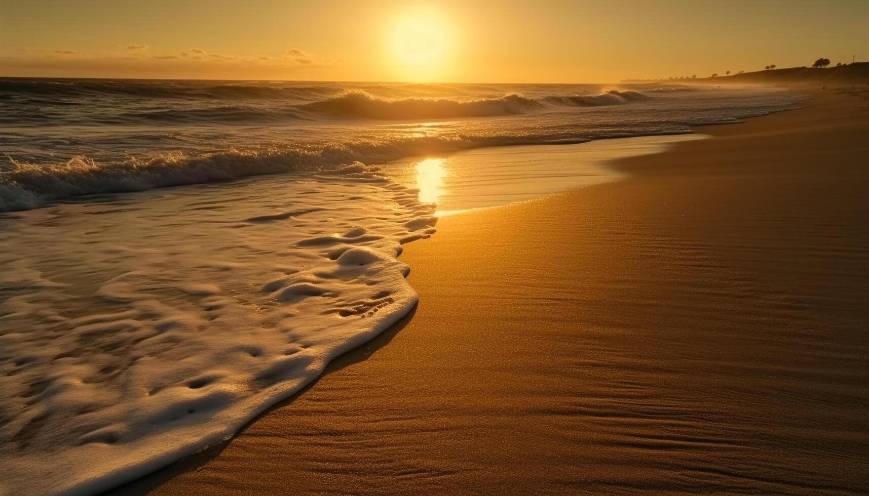 tranquille le coucher du soleil plus de tropical littoral, vagues crash sur le sable généré par ai photo