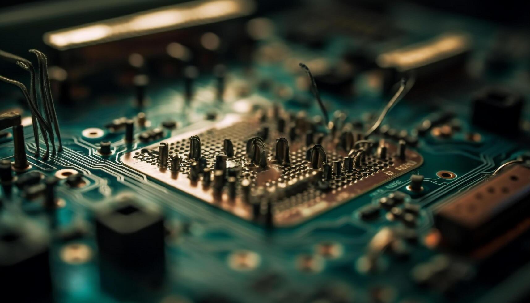 complexe circuit planche avec ordinateur frites et électrique Composants soudé généré par ai photo