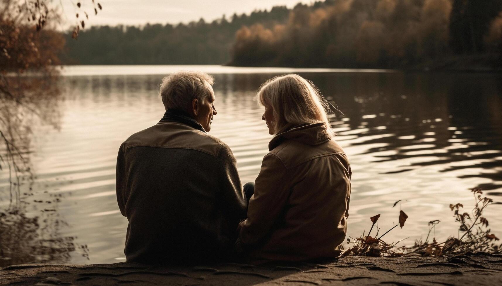 Sénior couple jouit l'automne journée par eau, embrassement et flirt généré par ai photo