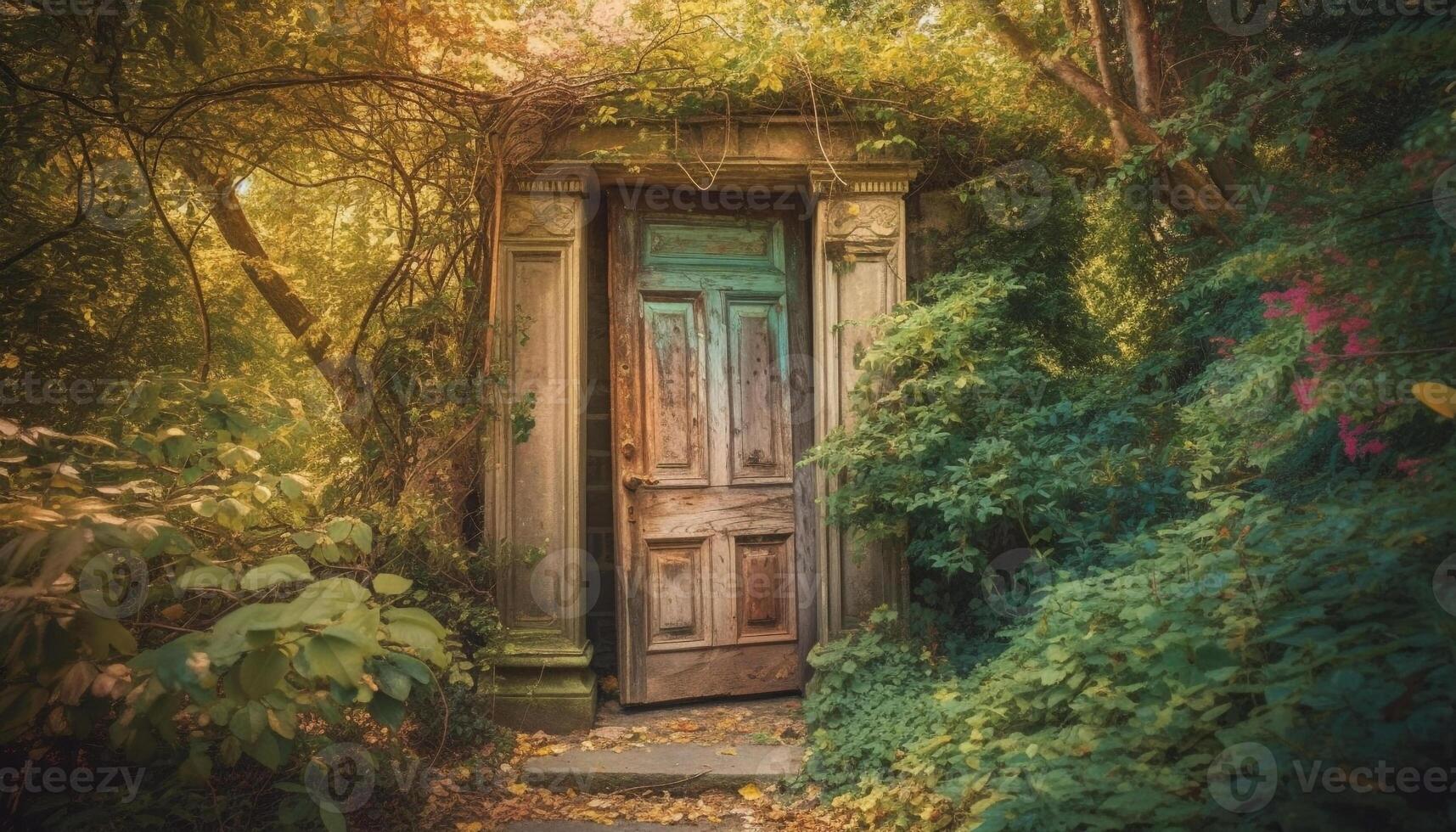 abandonné chalet dans ancien forêt, une tranquille l'automne mystère généré par ai photo