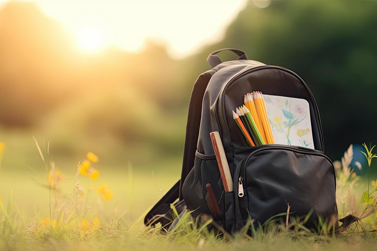 sac à dos avec école Provisions sur le herbe. retour à école concept. une école sac à dos dans une champ sur une brillant ensoleillé jour, ai généré photo