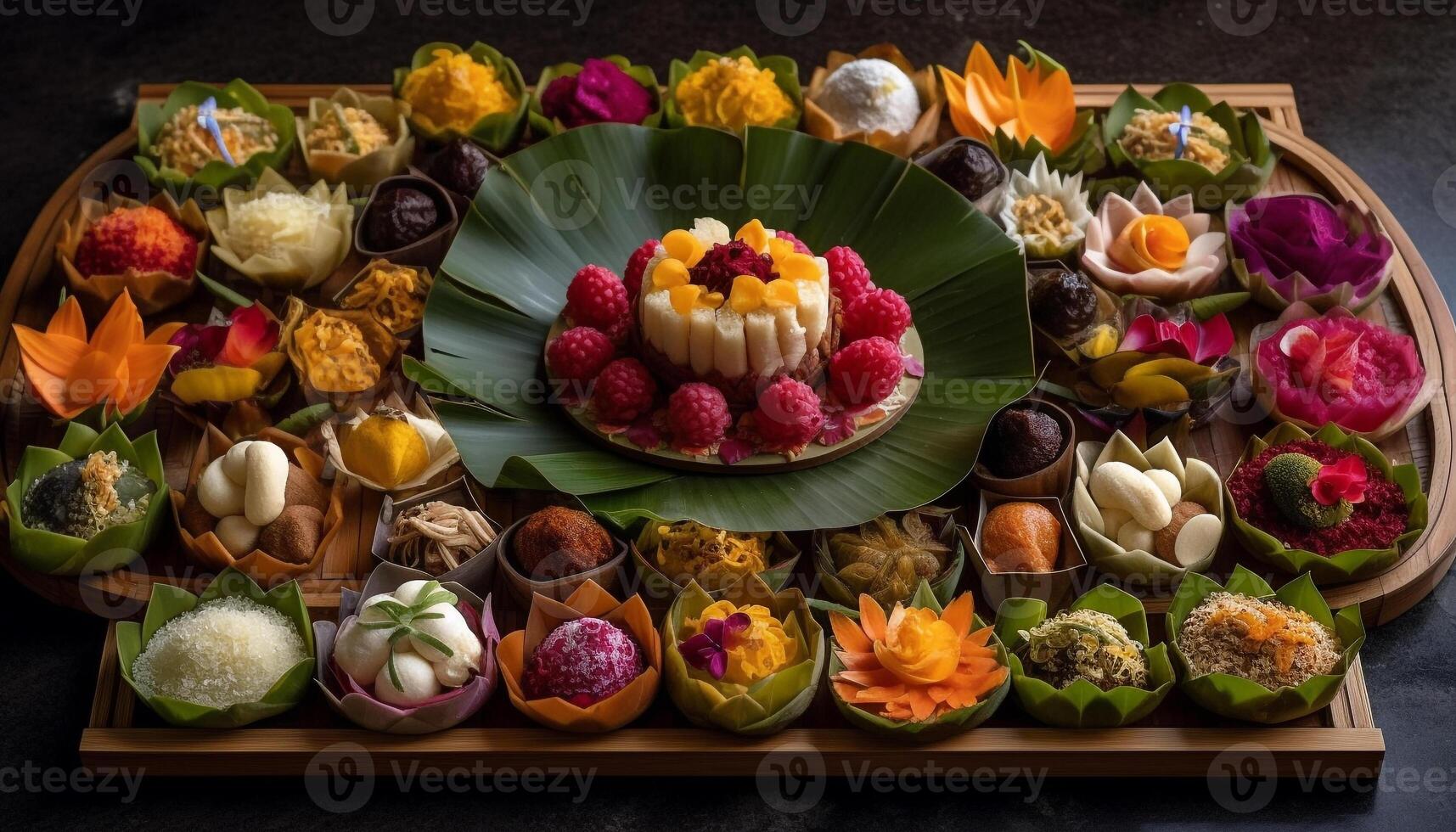 coloré gourmet dessert table avec Frais biologique fait maison bonbons généré par ai photo