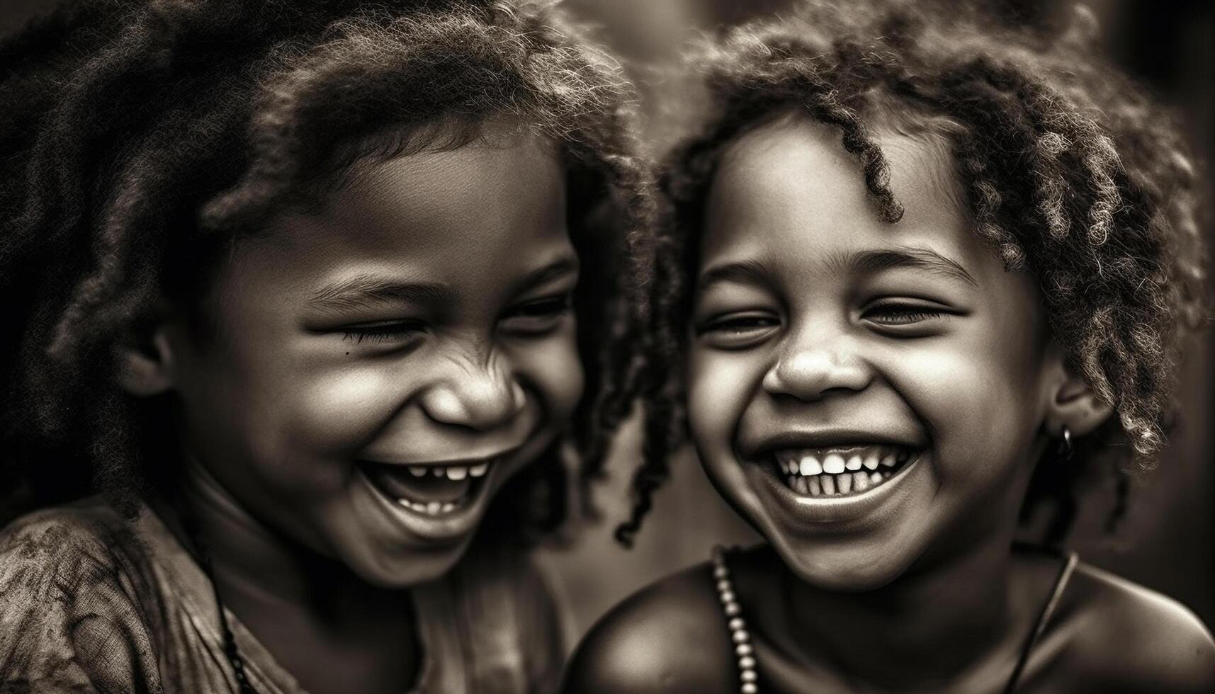 souriant les filles et garçons prendre plaisir espiègle Extérieur enfance amusement ensemble généré par ai photo