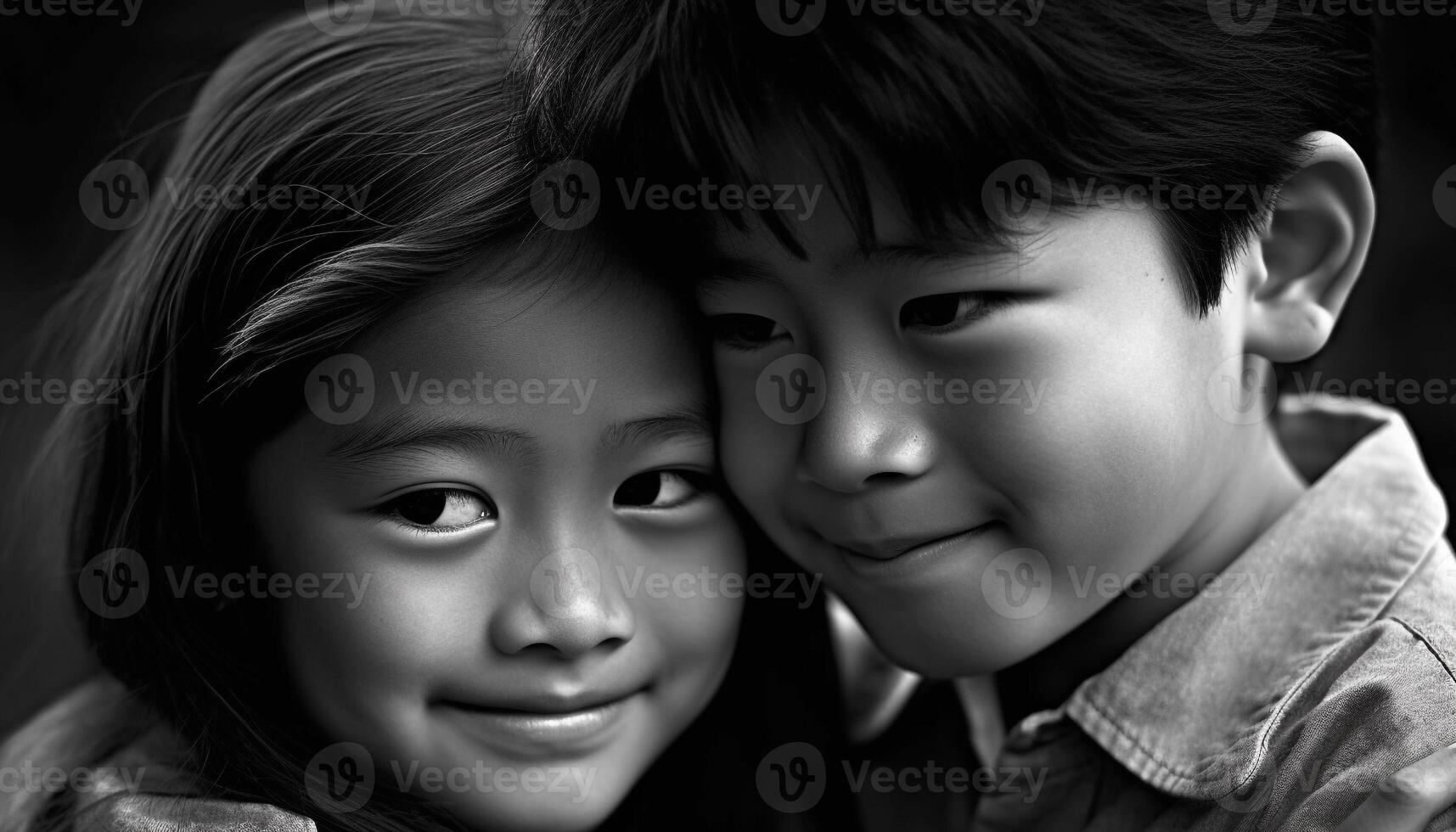 souriant noir et blanc portrait de deux mignonne enfance Fratrie généré par ai photo
