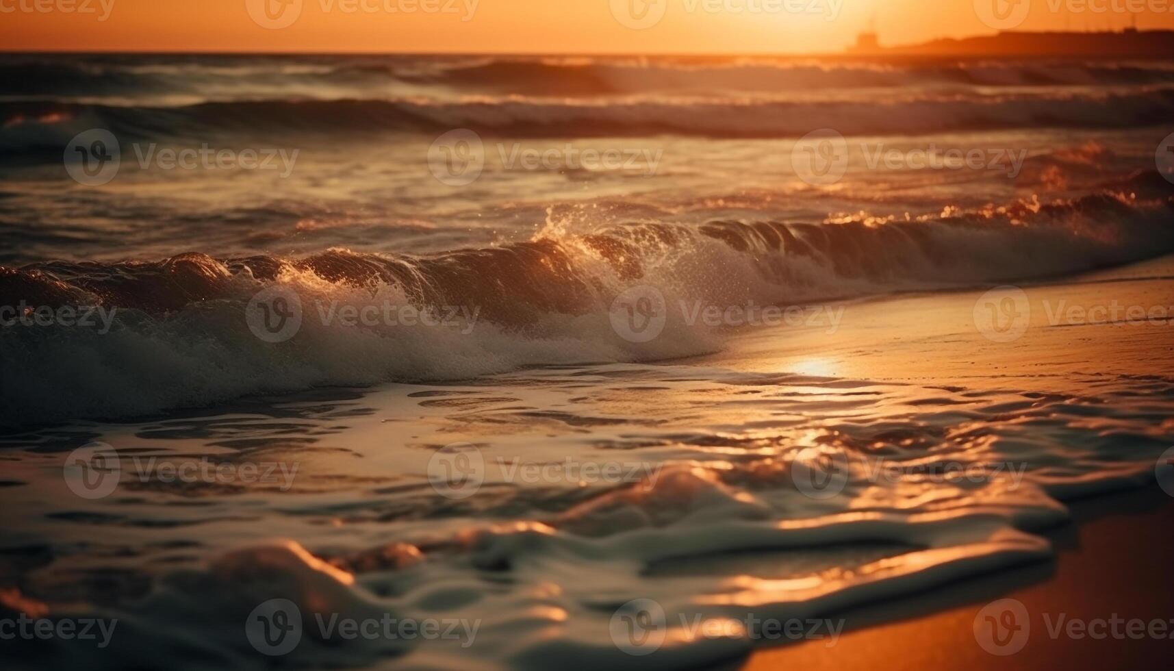 tranquille scène, horizon plus de eau, éclabousser vagues, la nature beauté généré par ai photo