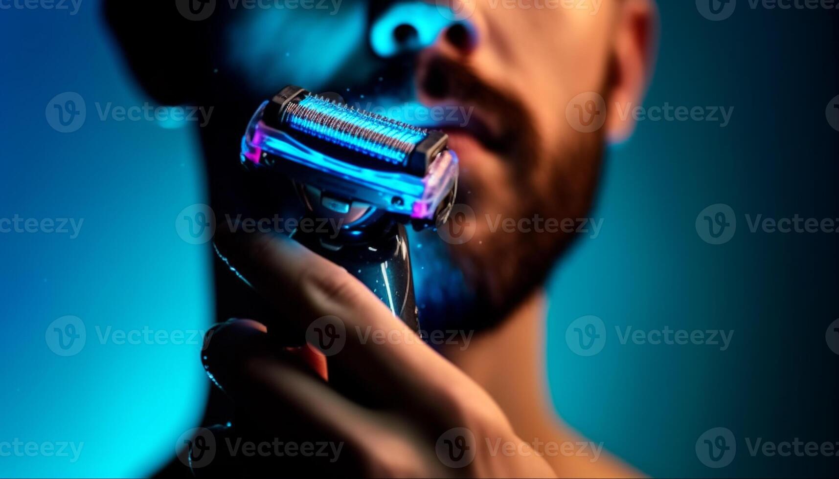 un homme en portant électrique le rasoir, travail sur coiffure dans studio généré par ai photo
