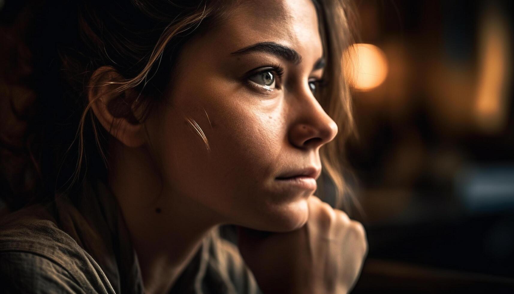 Jeune femme avec marron cheveux à la recherche une façon dans contemplation à l'intérieur généré par ai photo