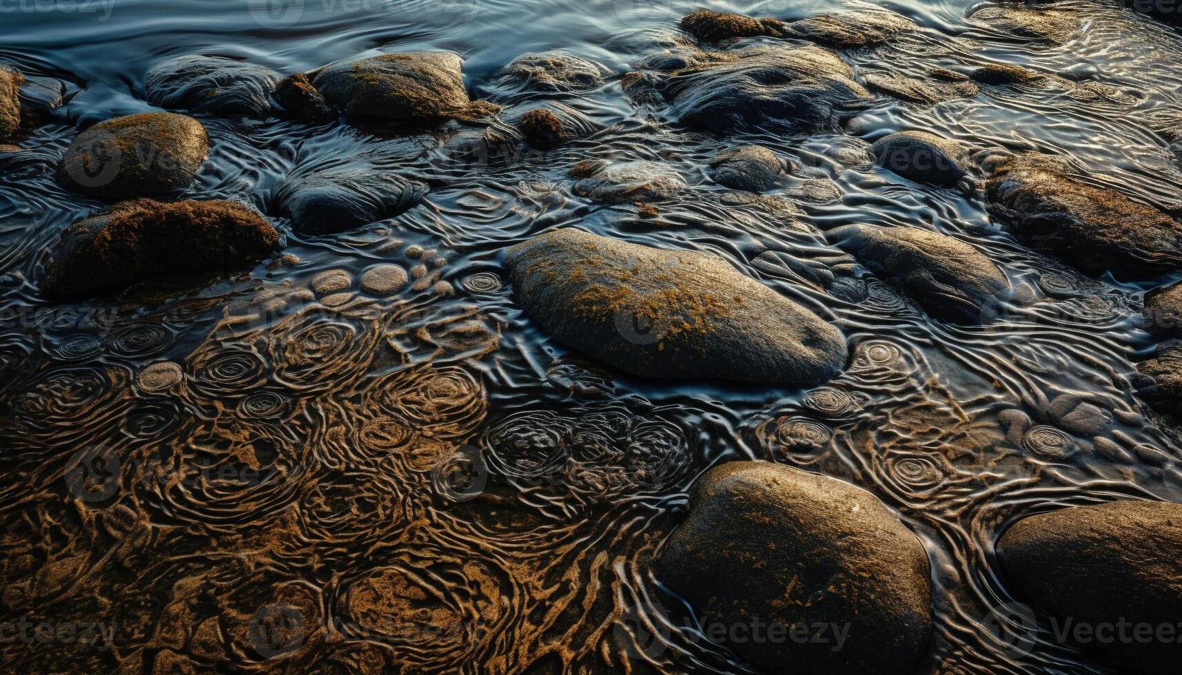 lisse galets sur humide sable, ondulé par écoulement l'eau généré par ai photo