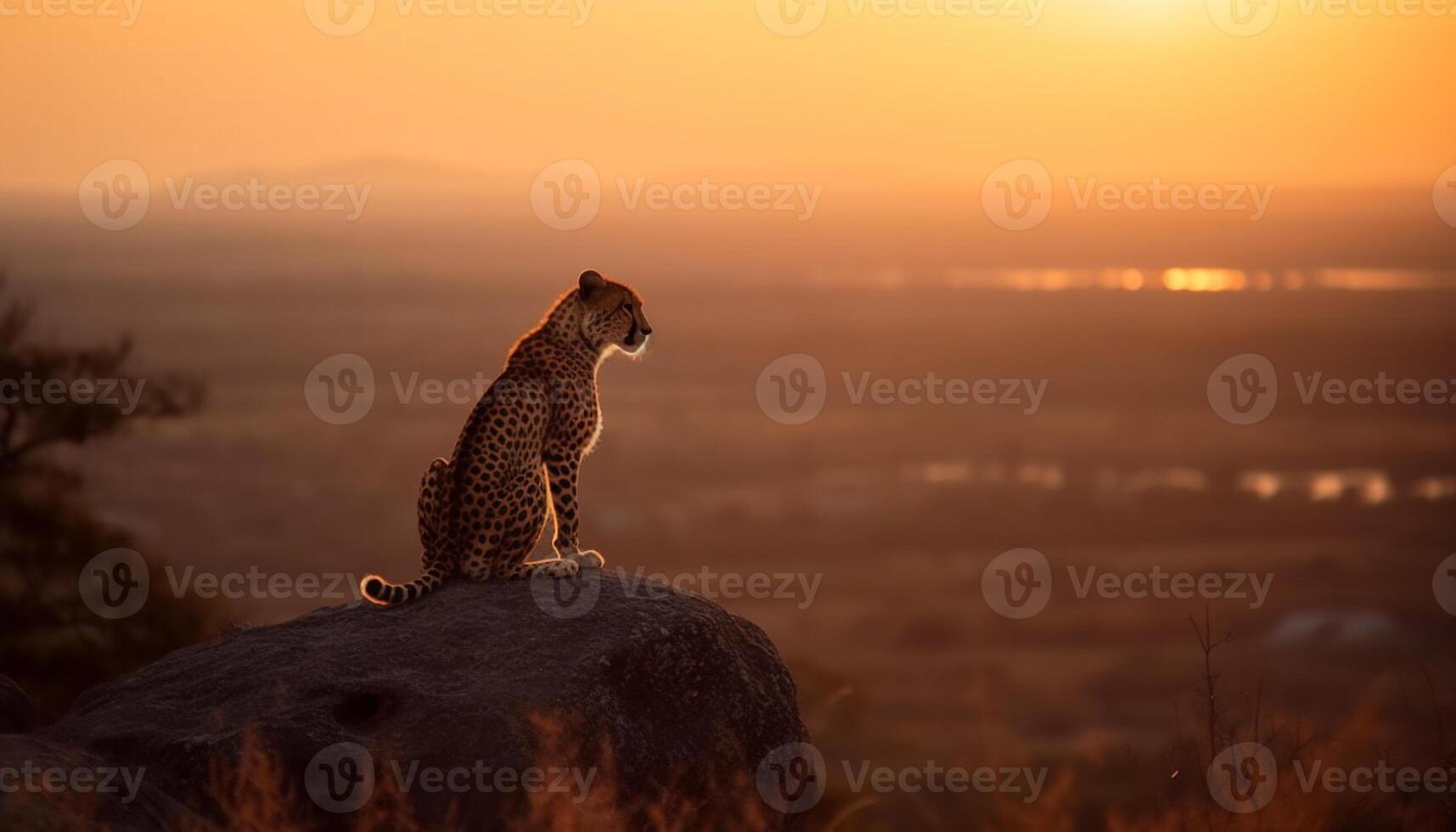 Pointé guépard séance majestueusement, à la recherche à le tranquille le coucher du soleil généré par ai photo