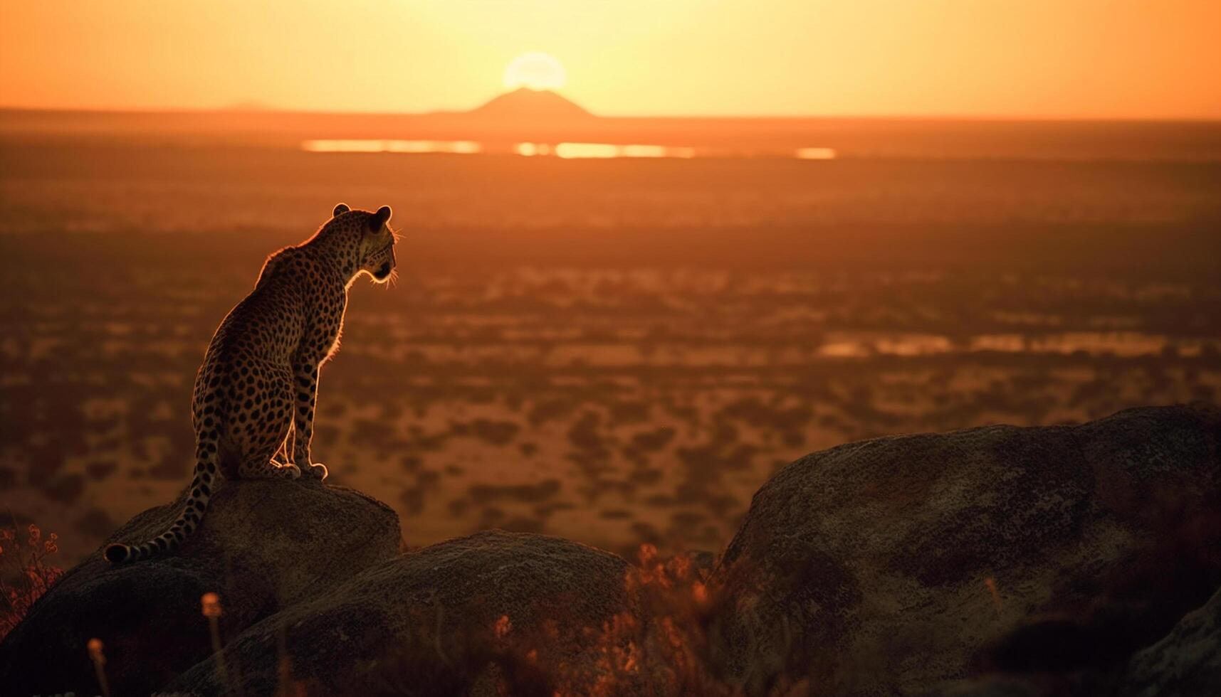 guépard séance dans herbe, en train de regarder le coucher du soleil sur africain savane généré par ai photo