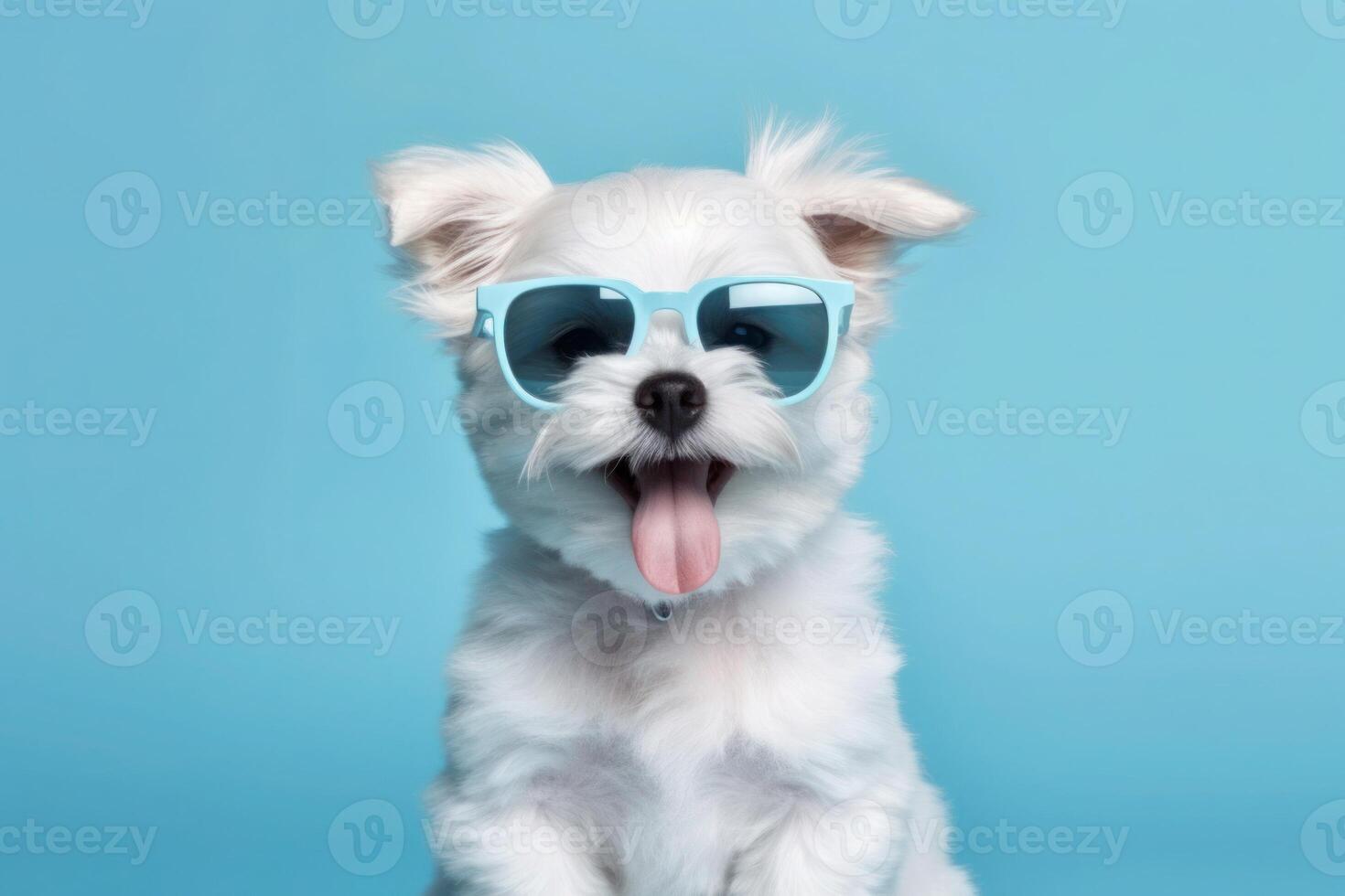 content chiot chien portrait portant été des lunettes de soleil et à la recherche à caméra isolé sur bleu pente studio Contexte. ai généré photo