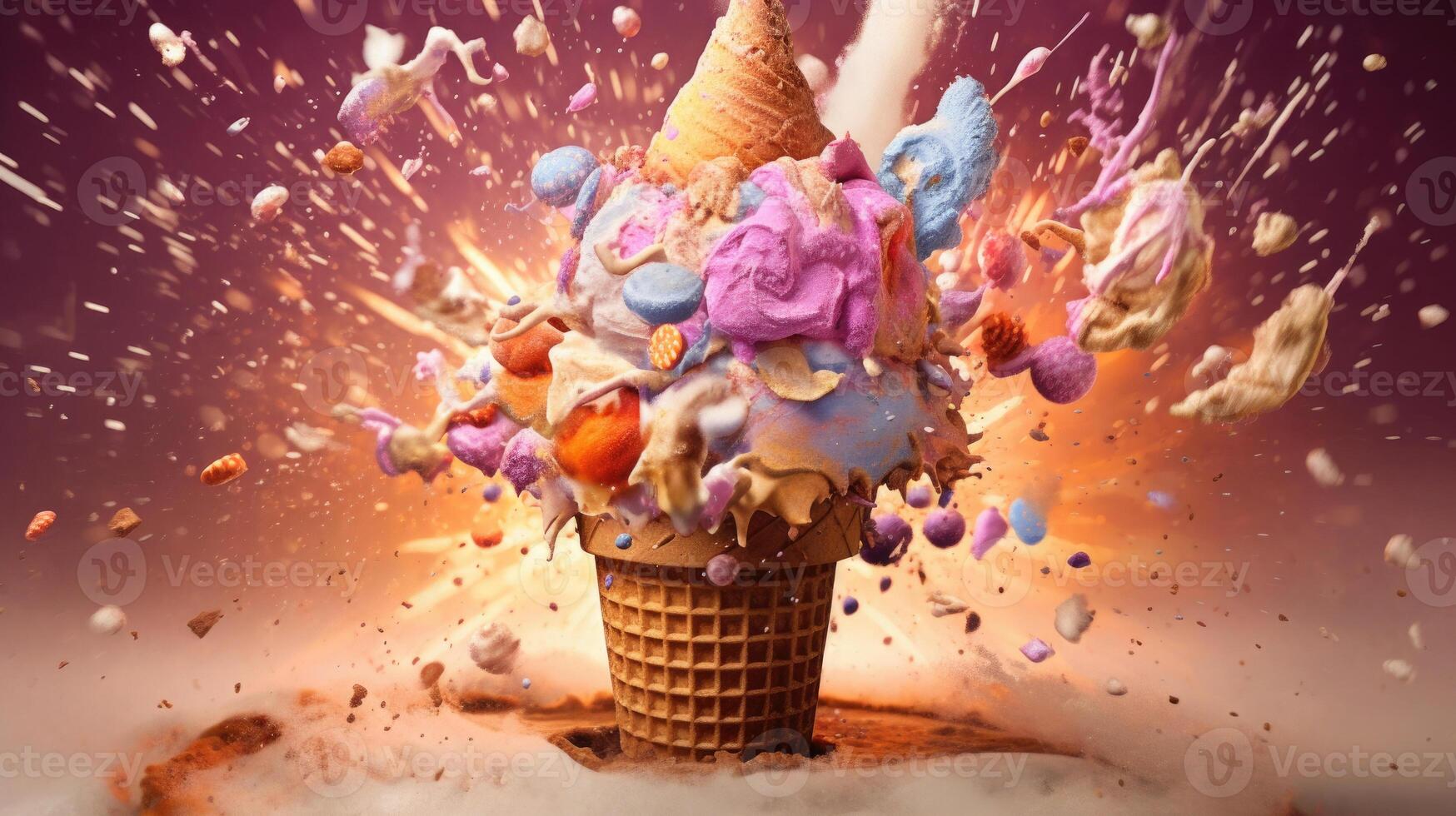 fusion la glace crème cône avec coloré éclaboussure. génératif ai photo