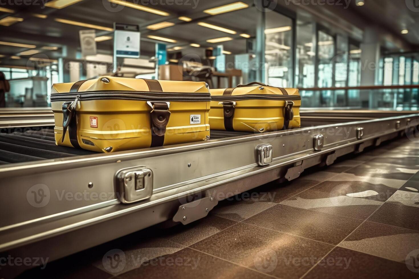 les valises sur bagage convoyeur ceinture à aéroport Terminal. génératif ai photo