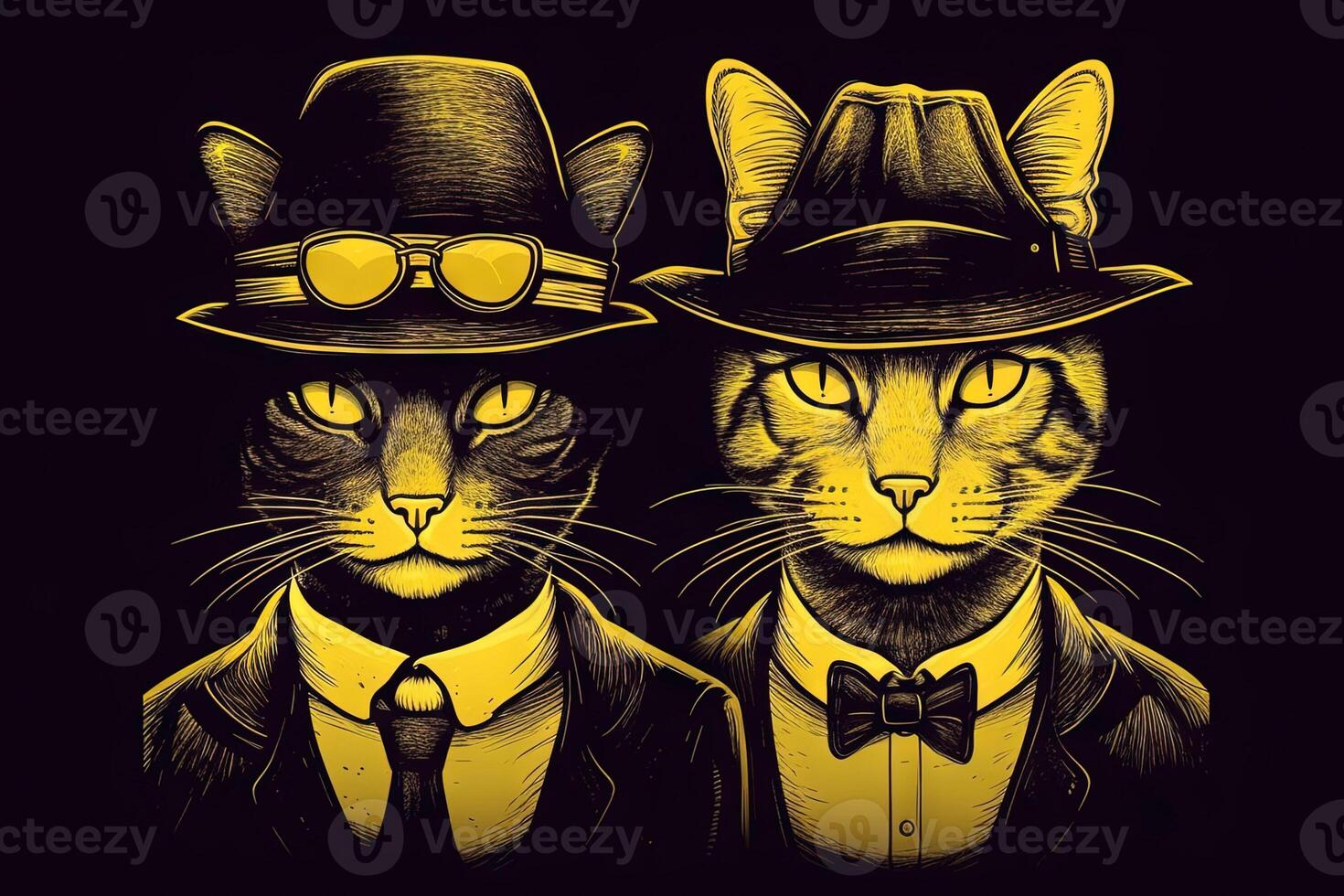 chat une audacieux noir et Jaune Couleur schème et minuscule chat visages portant tarte au porc Chapeaux. comme rupture mal personnage illustration génératif ai photo