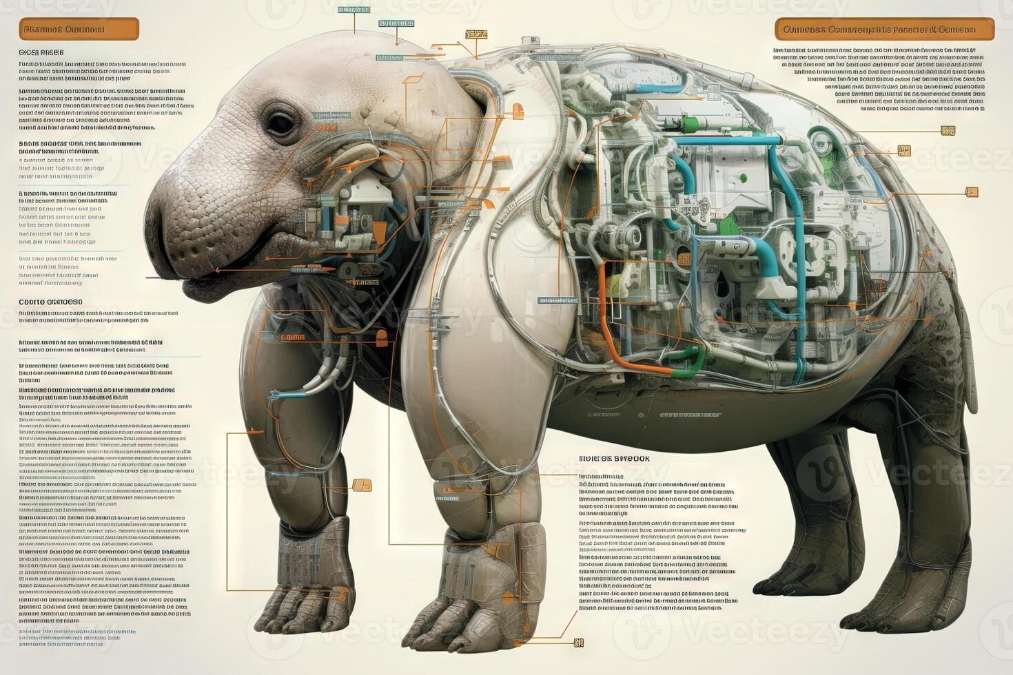 l'éléphant joint cyborg animal détaillé infographie, plein détails anatomie affiche diagramme illustration génératif ai photo