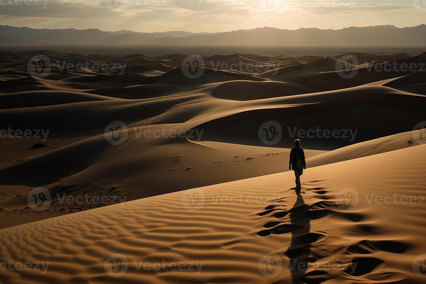 solitaire la personne en marchant dans énorme désert dunes à le coucher du soleil illustration génératif ai photo