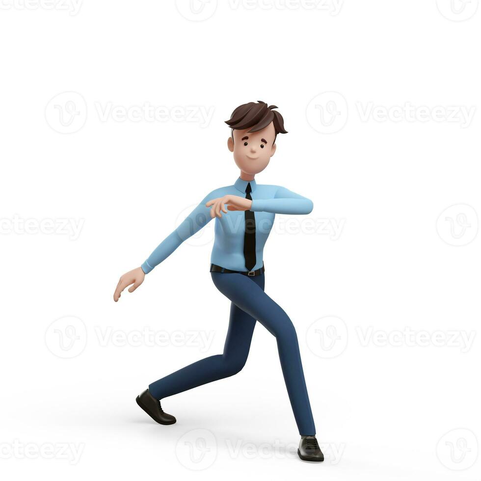 3d affaires homme dansant. portrait de une marrant dessin animé gars dans une chemise et cravate. personnage directeur, directeur, agent, agent immobilier. 3d illustration sur blanc Contexte. photo