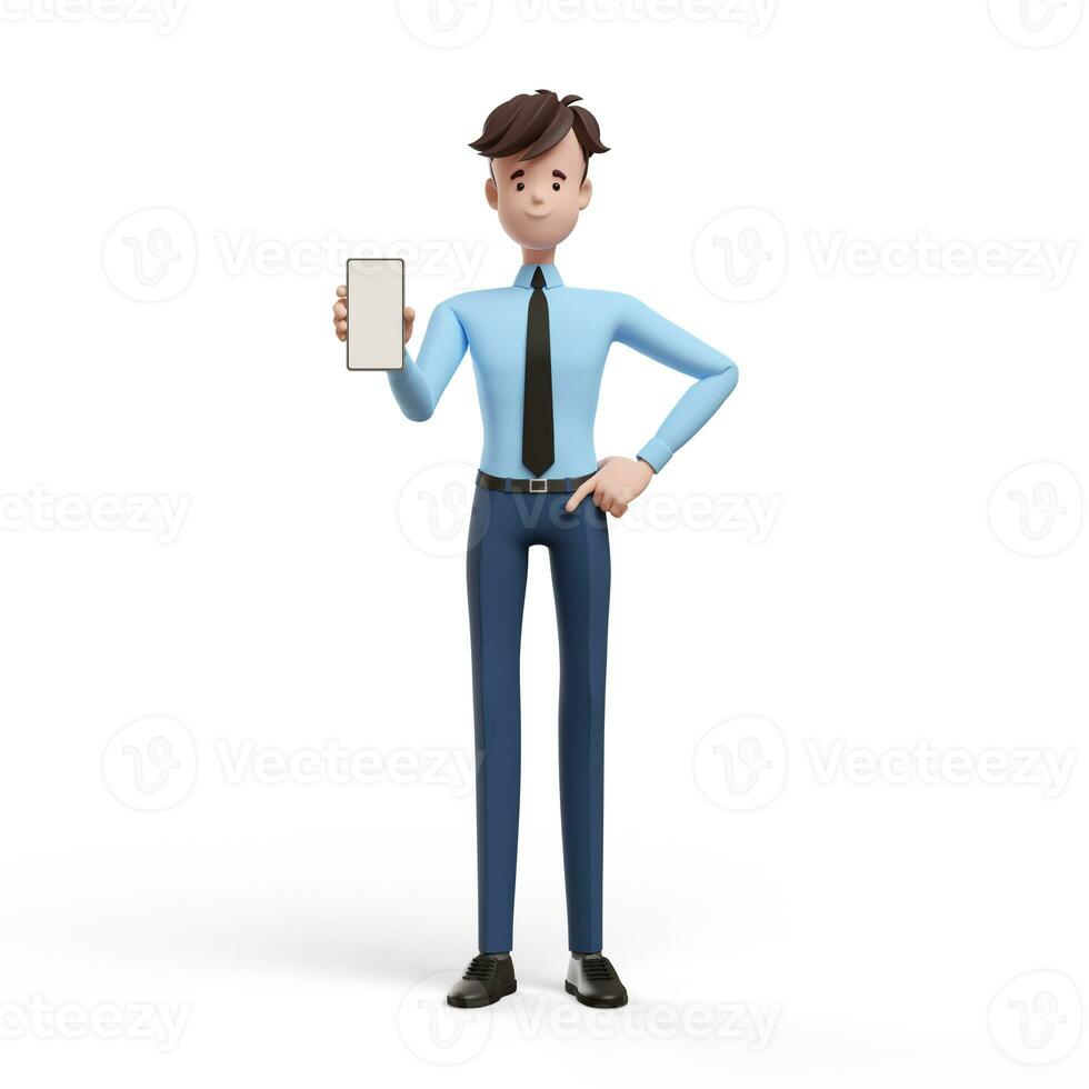 3d affaires homme montrant téléphone. portrait de une marrant dessin animé gars dans une chemise et cravate. personnage directeur, directeur, agent, agent immobilier. 3d illustration sur blanc Contexte. photo