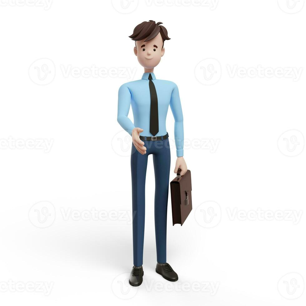 3d affaires homme avec une mallette en portant en dehors le sien main à saluer . portrait de une marrant dessin animé gars dans une chemise et cravate. personnage directeur, directeur, agent, agent immobilier. 3d illustration sur blanc Contexte. photo