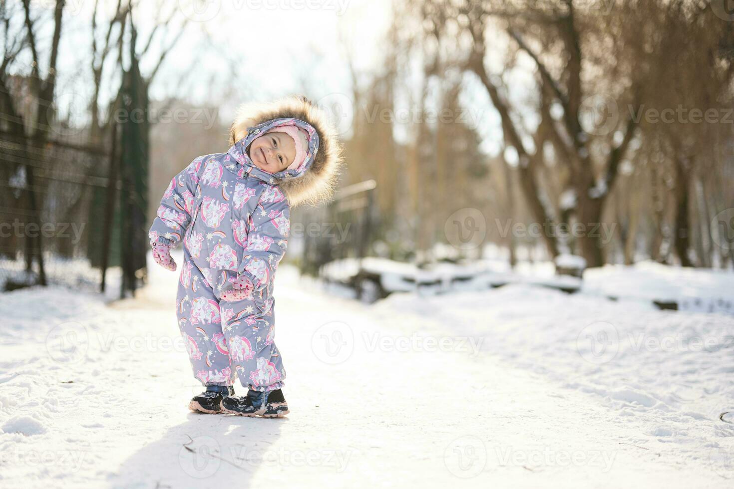 bébé fille porter enfant combinaison de ski sur une ensoleillé glacial  hiver journée. 19772076 Photo de stock chez Vecteezy