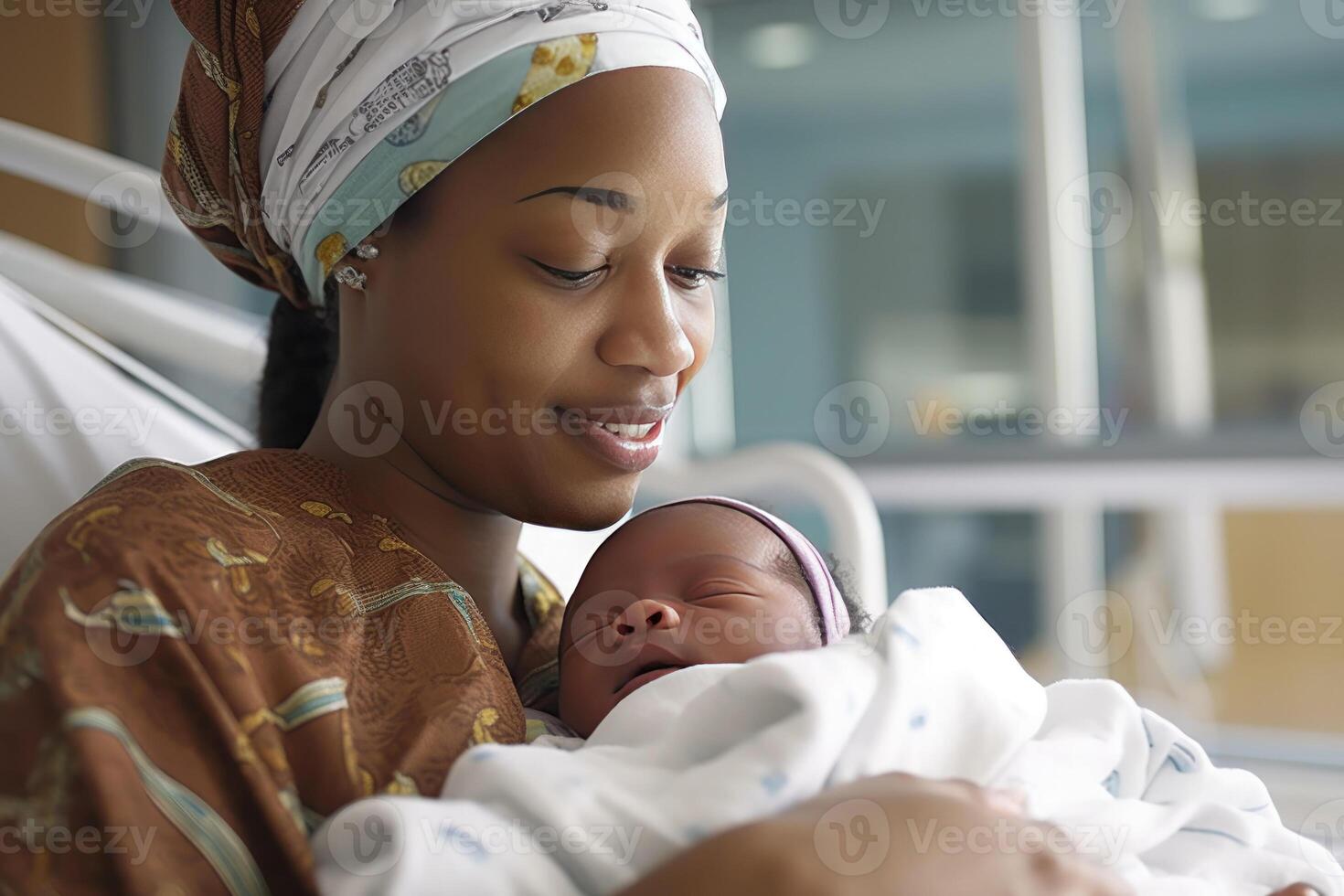 africain mère avec sa nouveau née bébé dans une hôpital lit. génératif ai. photo