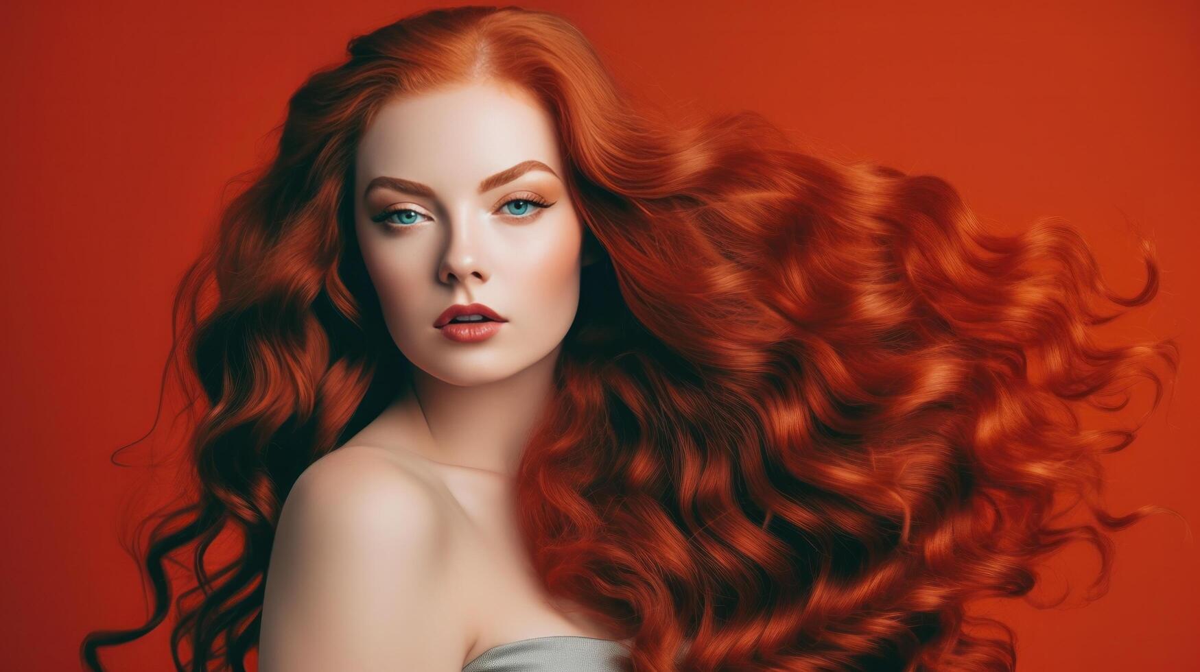 longue rouge frisé cheveux fille. illustration ai génératif photo