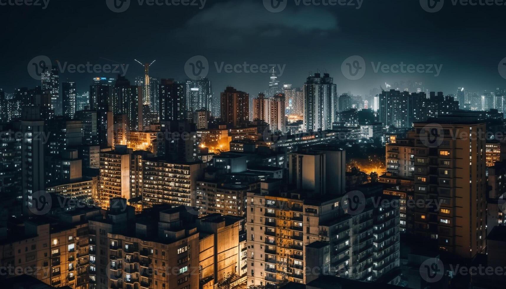 embrasé grattes ciels éclairer le bondé ville rue à nuit généré par ai photo