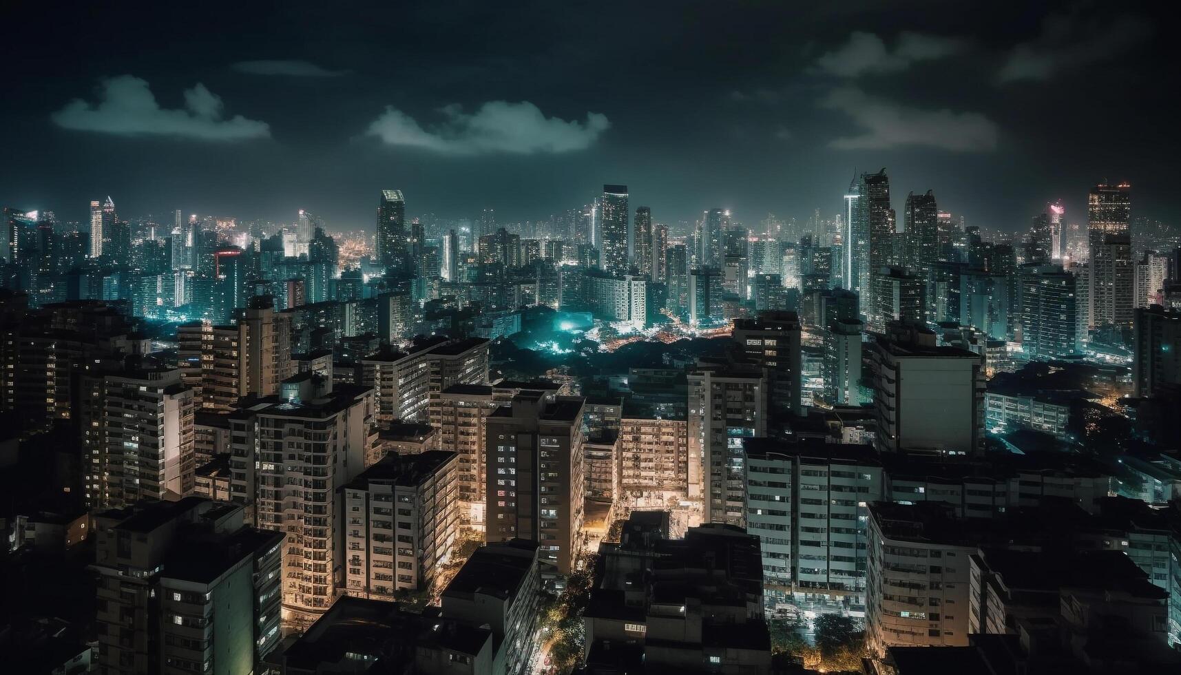 illuminé grattes ciels lumière en haut le moderne ville horizon à crépuscule généré par ai photo