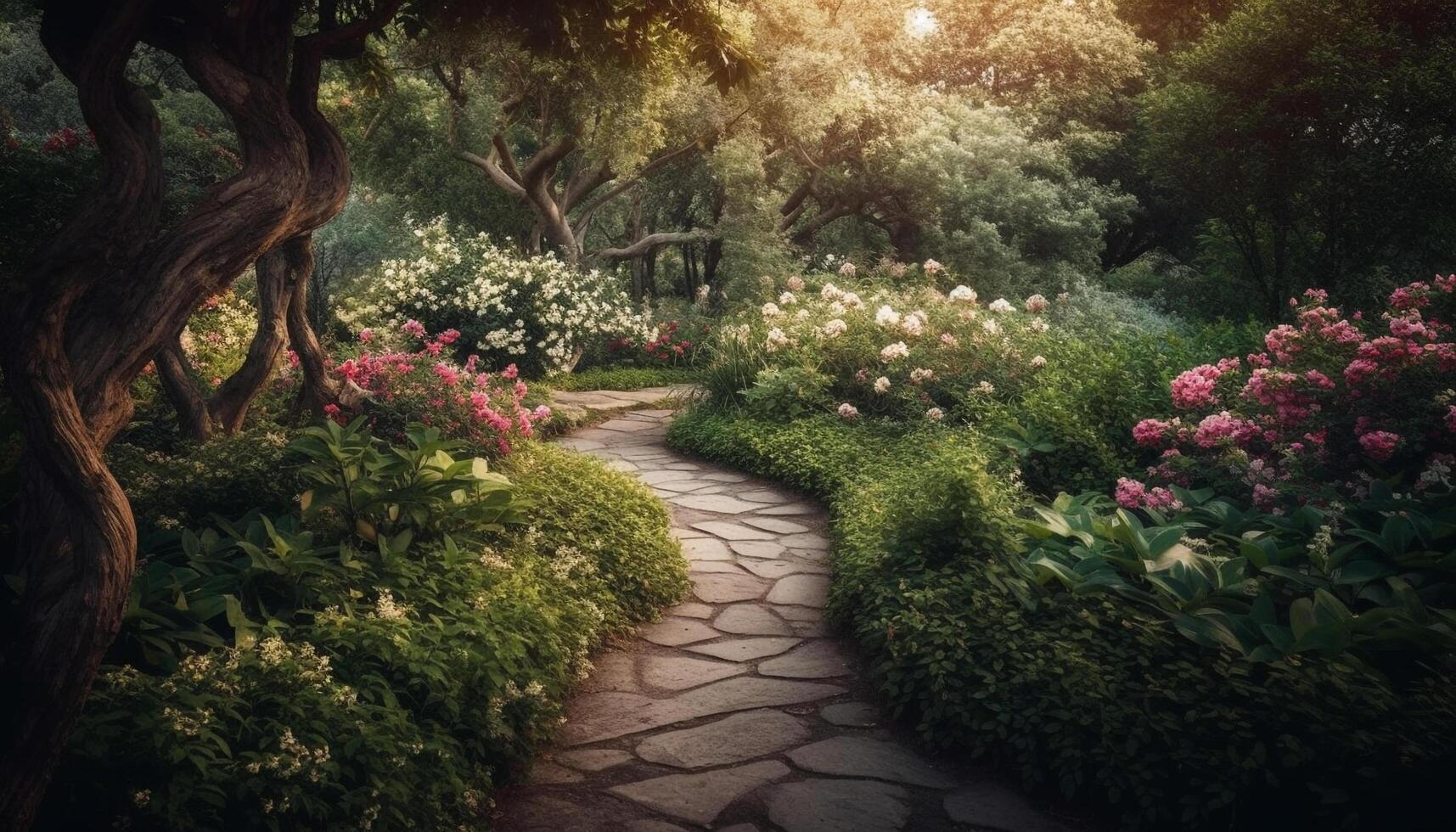 tranquille scène de la nature beauté dans formel jardin avec multi coloré fleurs généré par ai photo