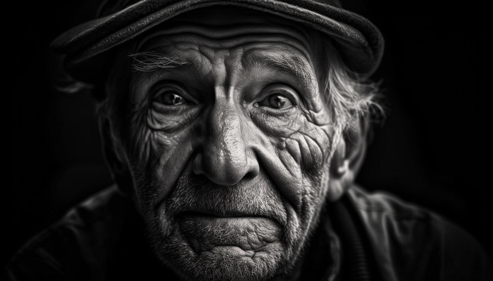 sérieux Sénior homme avec gris barbe, les rides, et tristesse généré par ai photo