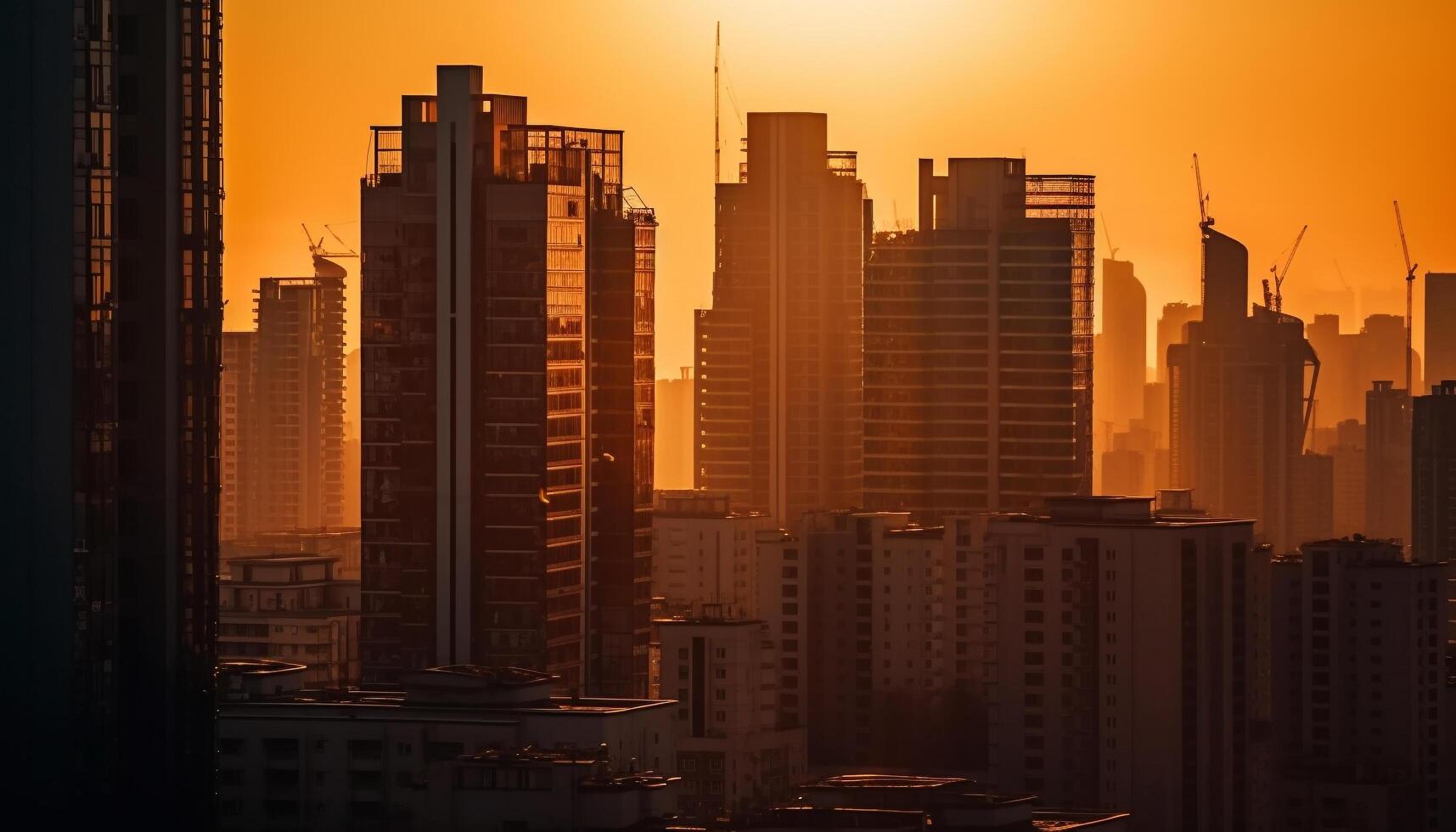 silhouette de moderne gratte-ciel dans panoramique paysage urbain à crépuscule généré par ai photo