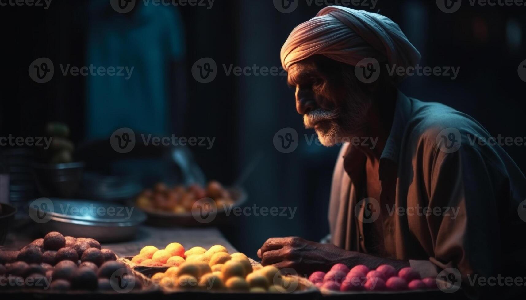 Sénior homme en train de préparer en bonne santé repas en plein air avec Frais des légumes et fruit généré par ai photo